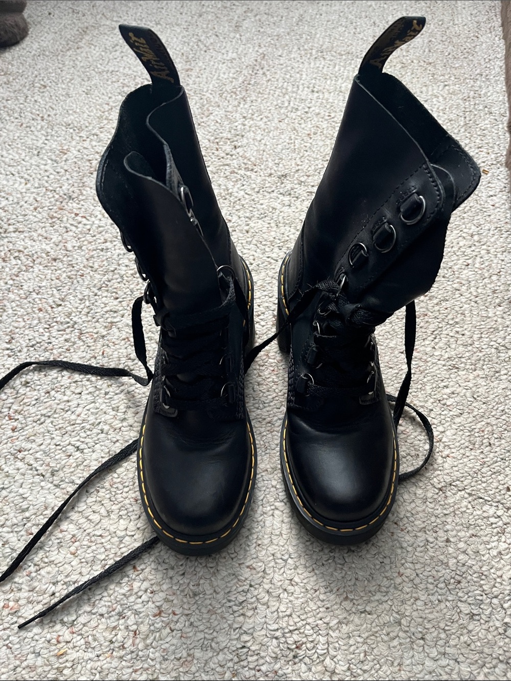 Dr. Martens Black Lace-Up Platform Heel Boots with Yellow Stitching - Picture 2 of 12
